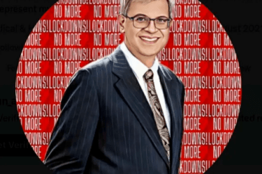 A man in a suit smiles, his portrait superimposed on a red background with "NO MORE LOCKDOWNS!" repeated.