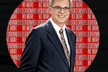 A man in a suit smiles, his portrait superimposed on a red background with "NO MORE LOCKDOWNS!" repeated.