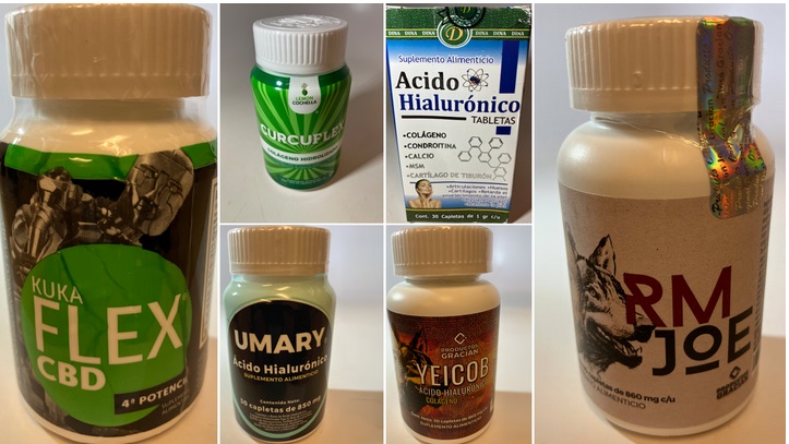 Six supplement bottles are shown, including Kuka Flex CBD, Curcuflex, Ácido Hialurónico tabletas, Umary Ácido Hialurónico, Geyicob, and RM Joe, each with distinct labels and packaging.