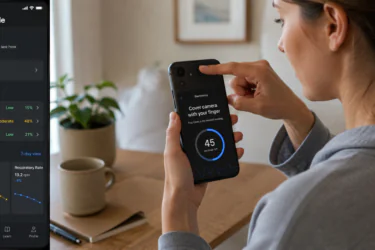 A woman uses a health monitoring app on her smartphone, holding her finger over the camera as the app measures biometrics. Next to her is a screenshot showing the app’s dashboard with symptom forecasts and recent health trends.