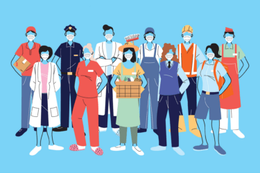 A diverse group of essential workers wearing face masks, including a doctor, nurse, police officer, postal worker, grocer, delivery person, and construction worker, standing together on a blue background.