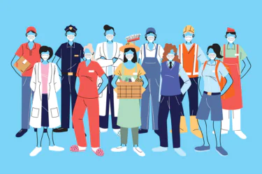 A diverse group of essential workers wearing face masks, including a doctor, nurse, police officer, postal worker, grocer, delivery person, and construction worker, standing together on a blue background.
