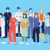 A diverse group of essential workers wearing face masks, including a doctor, nurse, police officer, postal worker, grocer, delivery person, and construction worker, standing together on a blue background.