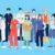 A diverse group of essential workers wearing face masks, including a doctor, nurse, police officer, postal worker, grocer, delivery person, and construction worker, standing together on a blue background.