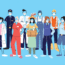 A diverse group of essential workers wearing face masks, including a doctor, nurse, police officer, postal worker, grocer, delivery person, and construction worker, standing together on a blue background.