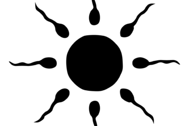 A black silhouette of a large central circle surrounded by eight sperm-like shapes, radiating outward against a light background.
