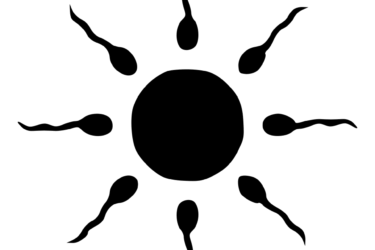 A black silhouette of a large central circle surrounded by eight sperm-like shapes, radiating outward against a light background.