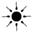 A black silhouette of a large central circle surrounded by eight sperm-like shapes, radiating outward against a light background.