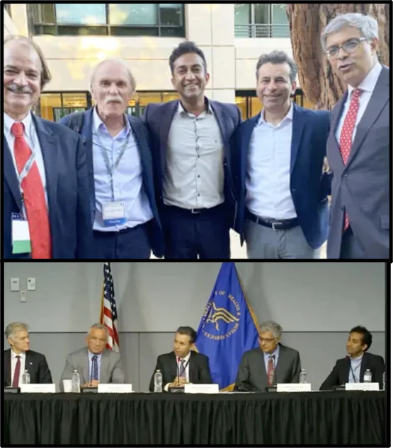 A group of five men pose together outdoors in the top half of the image. In the bottom half, the same five men sit at a table on a panel in front of flags and microphones, engaged in discussion.