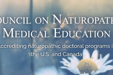 Text reads: "Council on Naturopathic Medical Education. Accrediting naturopathic doctoral programs in the U.S. and Canada," over a blurred background with a white daisy flower.