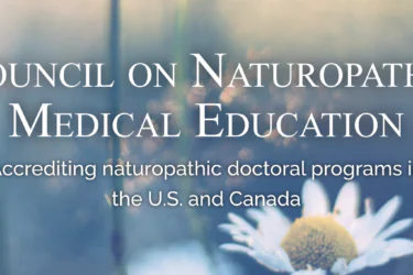 Text reads: "Council on Naturopathic Medical Education. Accrediting naturopathic doctoral programs in the U.S. and Canada," over a blurred background with a white daisy flower.