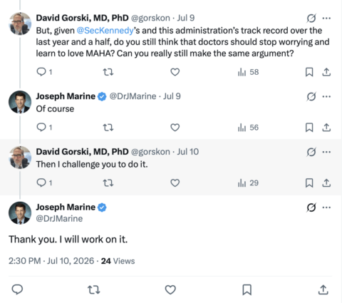 Screenshot of a Twitter conversation between David Gorski and Joseph Marine about the administration's record and a challenge to stop worrying, with Marine agreeing and promising to work on it.