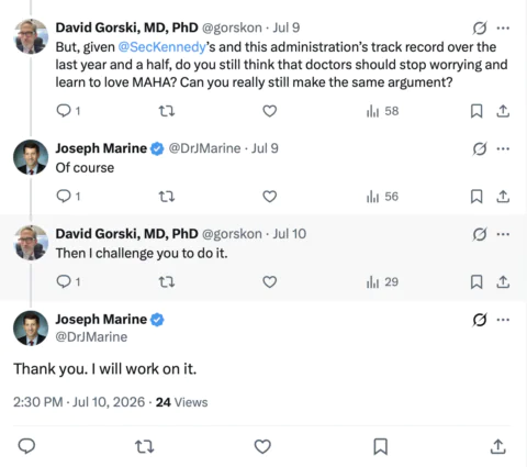 Screenshot of a Twitter conversation between David Gorski and Joseph Marine about the administration's record and a challenge to stop worrying, with Marine agreeing and promising to work on it.