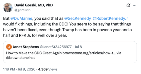 A tweet by David Gorski replying to Janet Stephens, questioning why CDC issues remain after Trump and RFK Jr. have been in power for over a year and a half. Janet's tweet promotes an article on fixing the CDC.