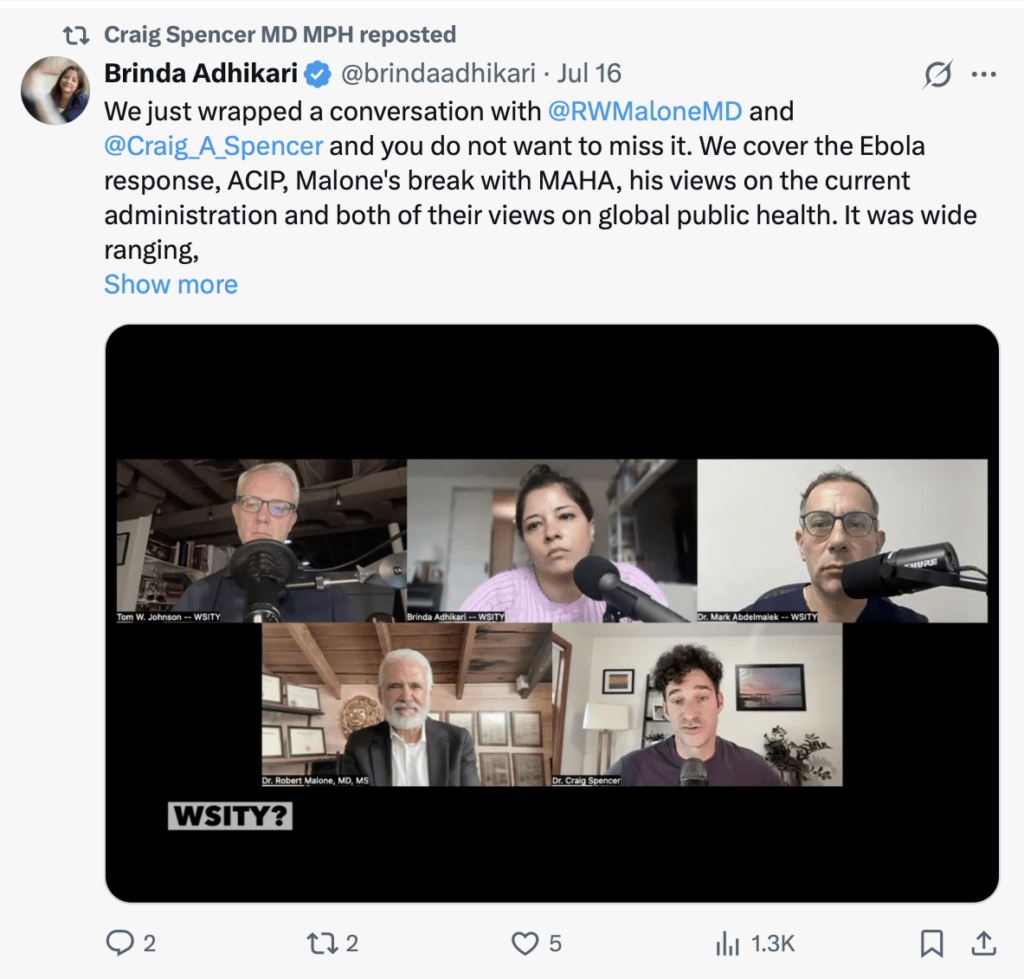 A Twitter post shares a screenshot of a virtual panel with five speakers discussing Ebola and public health. Each person is shown in their video window with a black WSITY? banner at the bottom of the screen.