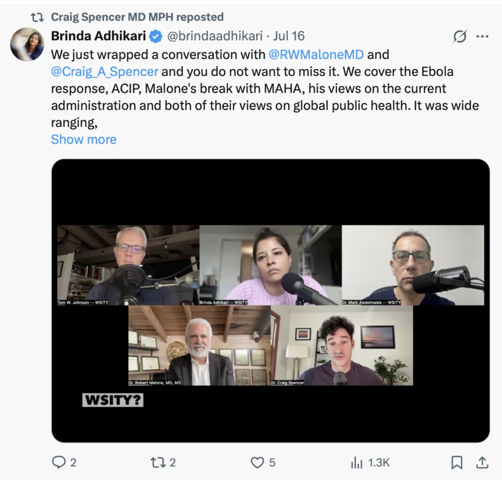 A Twitter post shares a screenshot of a virtual panel with five speakers discussing Ebola and public health. Each person is shown in their video window with a black WSITY? banner at the bottom of the screen.