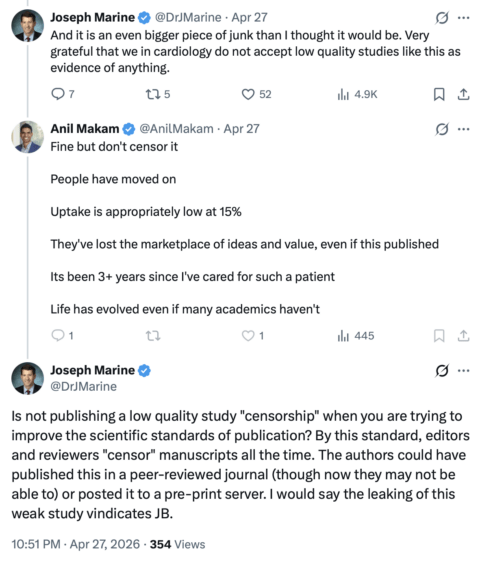 A Twitter exchange between Joseph Marine and Anil Makam discussing the value, relevance, and publication of a weak cardiology study, questioning if not publishing it is "censorship.