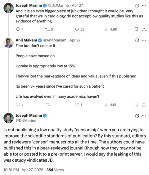 A Twitter exchange between Joseph Marine and Anil Makam discussing the value, relevance, and publication of a weak cardiology study, questioning if not publishing it is "censorship.