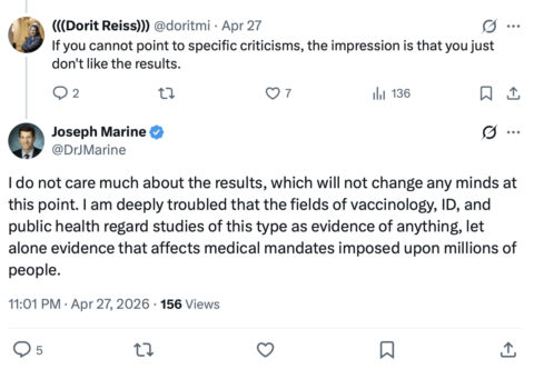 Two Twitter users debate vaccine mandates. The first says not addressing specific criticisms seems evasive. The second responds, expressing concern over limited evidence impacting health regulations, regardless of the debate’s results.