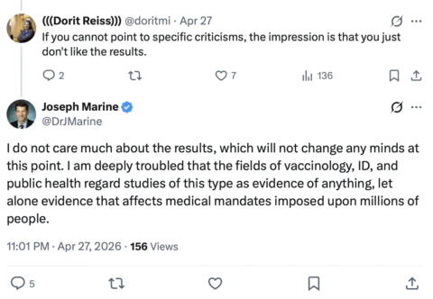 Two Twitter users debate vaccine mandates. The first says not addressing specific criticisms seems evasive. The second responds, expressing concern over limited evidence impacting health regulations, regardless of the debate’s results.