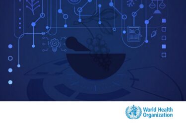 A blue graphic features a mortar and pestle with grapes inside, surrounded by digital and scientific icons. The World Health Organization logo appears at the bottom right.