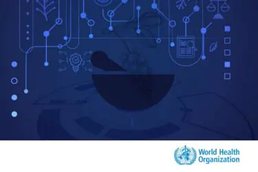 A blue graphic features a mortar and pestle with grapes inside, surrounded by digital and scientific icons. The World Health Organization logo appears at the bottom right.