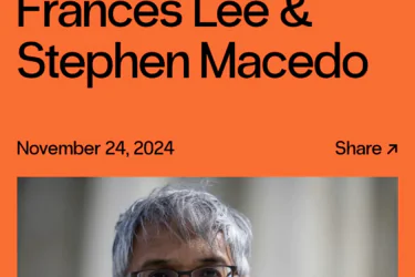 A man in a suit and tie stands outdoors. Text above him reads: "Restoring Trust in Public Health. Frances Lee & Stephen Macedo. November 24, 2024. Share.