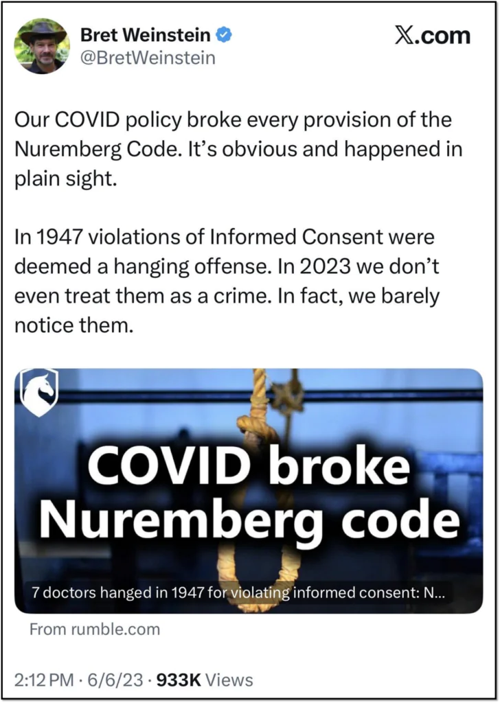 A tweet claims COVID policy broke the Nuremberg Code, showing a noose and text: “COVID broke Nuremberg code.” Article title: “7 doctors hanged in 1947 for violating informed consent.”.