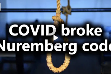 A noose hangs in a dimly lit room with the text “COVID broke Nuremberg code” in bold white letters across the image.