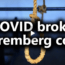 A noose hangs in a dimly lit room with the text “COVID broke Nuremberg code” in bold white letters across the image.