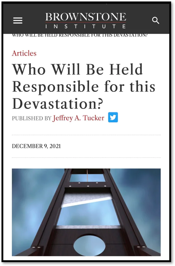 Screenshot of a Brownstone Institute article titled "Who Will Be Held Responsible for this Devastation?" showing a guillotine illustration and publication details.