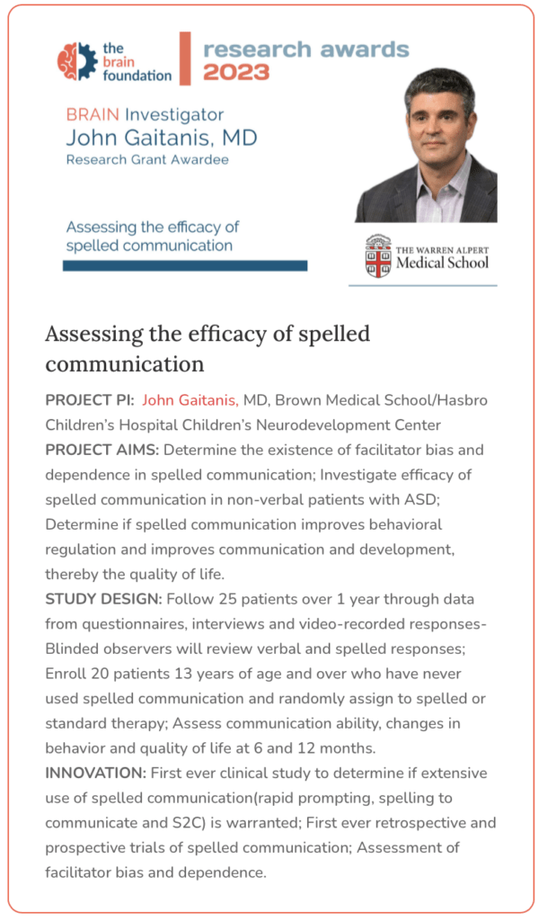Research award announcement for John Gaitanis, MD, with text detailing a project on the efficacy of spelled communication, including aims, study design, and innovation, alongside logos for The Brain Foundation and Warren Alpert Medical School.