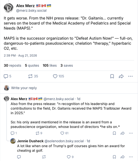 A Twitter thread discusses Dr. Gaitanis’s connection to MAPS, an organization accused of pseudoscience, and criticizes him receiving an award from it. A reply compares this to Trump’s golf courses granting him trophies.