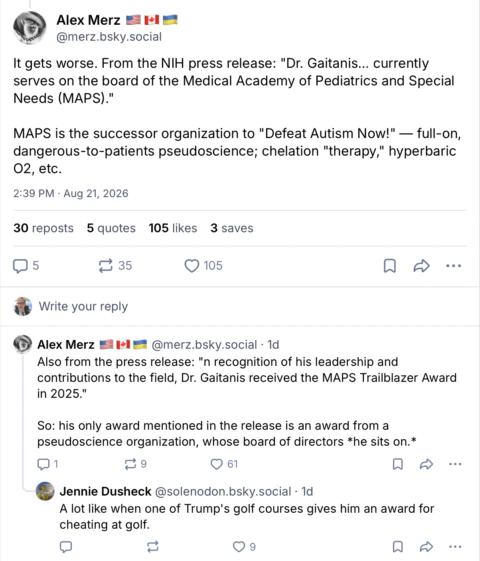 A Twitter thread discusses Dr. Gaitanis’s connection to MAPS, an organization accused of pseudoscience, and criticizes him receiving an award from it. A reply compares this to Trump’s golf courses granting him trophies.