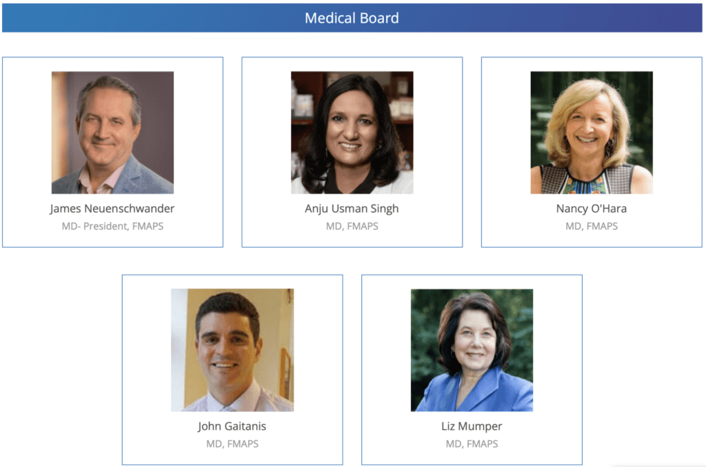 Five members of a medical board are shown in portrait photos, with names and titles: James Neuenschwander, Anju Usman Singh, Nancy O’Hara, John Gaitanis, and Liz Mumper.