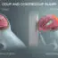 Diagram showing coup and contrecoup brain injuries: the left shows a head hitting a surface with primary impact to the front brain; the right shows secondary impact at the back of the brain, both highlighted in red.