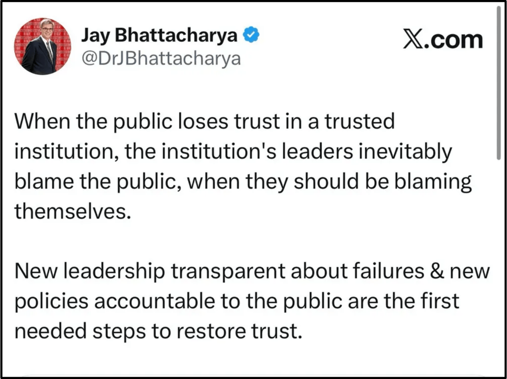 A tweet says leaders blame the public when trust is lost, but should blame themselves. It calls for transparent leadership and accountability as key steps to restore trust in institutions.