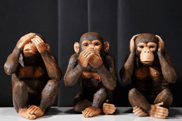 Three monkey figurines sit side by side: one covers its eyes, one covers its ears, and one covers its mouth, symbolizing “see no evil, hear no evil, speak no evil.”.