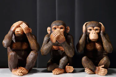 Three monkey figurines sit side by side: one covers its eyes, one covers its ears, and one covers its mouth, symbolizing “see no evil, hear no evil, speak no evil.”.