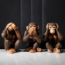 Three monkey figurines sit side by side: one covers its eyes, one covers its ears, and one covers its mouth, symbolizing “see no evil, hear no evil, speak no evil.”.