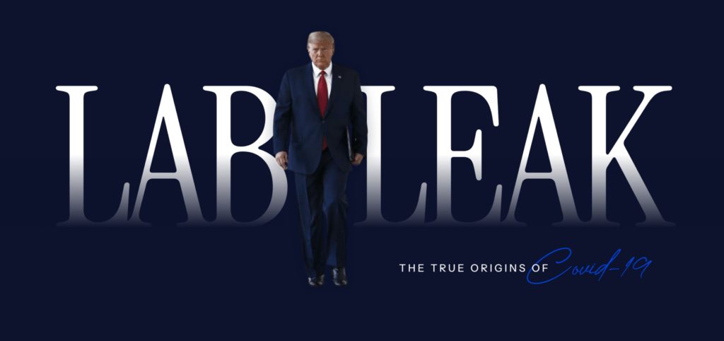 A man in a suit walks in front of large text that reads “LAB LEAK.” Smaller text says “The true origins of Covid-19” on a dark blue background.