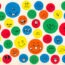 Colorful circles with various hand-drawn smiley faces in different expressions are scattered on a white background. The circles are blue, green, red, yellow, and orange.