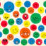 Colorful circles with various hand-drawn smiley faces in different expressions are scattered on a white background. The circles are blue, green, red, yellow, and orange.