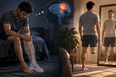 A man with a leg amputation sits on a bed imagining his missing leg and brain activity, then stands on one leg looking at himself in a mirror in a bright room.