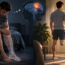 A man with a leg amputation sits on a bed imagining his missing leg and brain activity, then stands on one leg looking at himself in a mirror in a bright room.