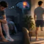 A man with a leg amputation sits on a bed imagining his missing leg and brain activity, then stands on one leg looking at himself in a mirror in a bright room.