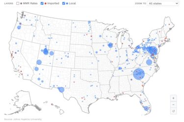 Map of the U.S. showing blue and red circles indicating imported and local measles cases, respectively, by location. Circle sizes vary, with larger clusters in the Northeast, Midwest, and Pacific Coast.