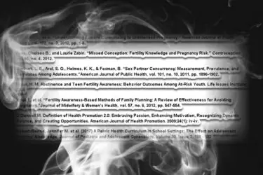A smoky background overlays a list of academic article titles and citations related to sexual health, contraception, and adolescent behavior, displayed in horizontal strips across the image.