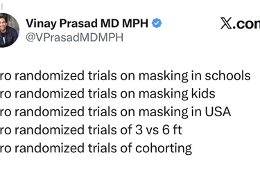 A tweet lists zero randomized trials on school masking, masking kids, masking in the USA, 3 vs 6 feet, and cohorting, questioning the evidence for these COVID-19 measures.