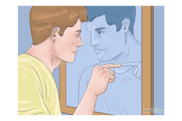 An illustrated man touches a mirror, looking at his reflection, which points back at him. Both appear serious and focused.